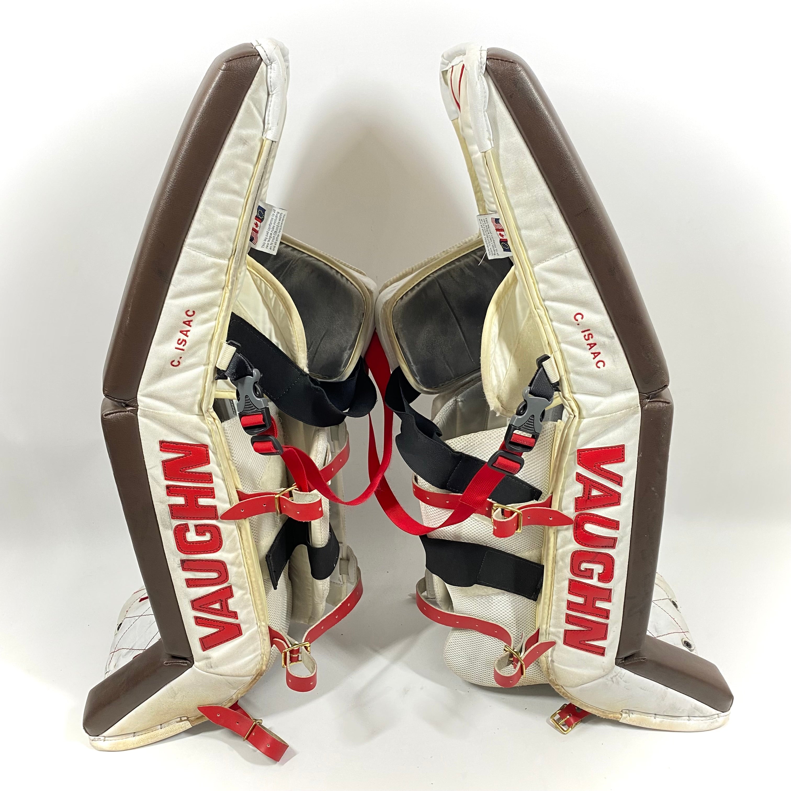Vaughn Velocity V7 - Jambières de gardien de but Pro Stock d'occasion - Ensemble complet (blanc/marron/rouge)
